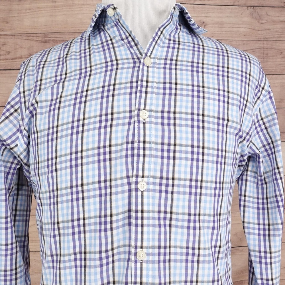 Van Heusen‎ Studio Shirt Mens L Blue Plaid Long Sleeve Button-Up Slim Fit